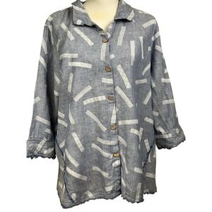 John Mark blue/white linen tunic, 1X, artsy, coastal, relaxed, earthy, Lagom